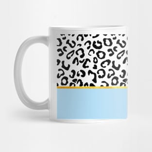 Black and white leopard print on light blue, golden lining Mug